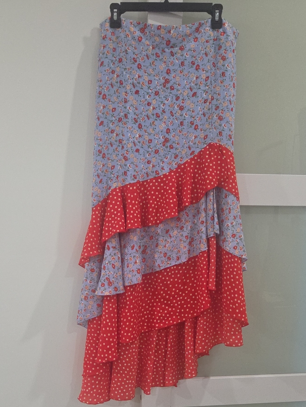 New York & Company Light Blue Floral and Red Polka Dot High-Low Ruffle Skirt